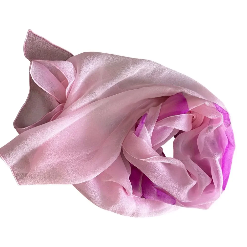 Sheer silk chiffon scarf long rectangle wrap pink purple floral hand painted